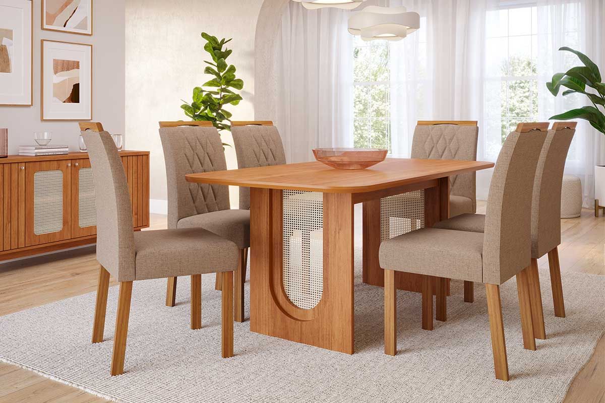 Sala Jantar Mesa Valentina Tampo Madeirado 180x90cm e 6 Cadeiras Juliana - Cimol