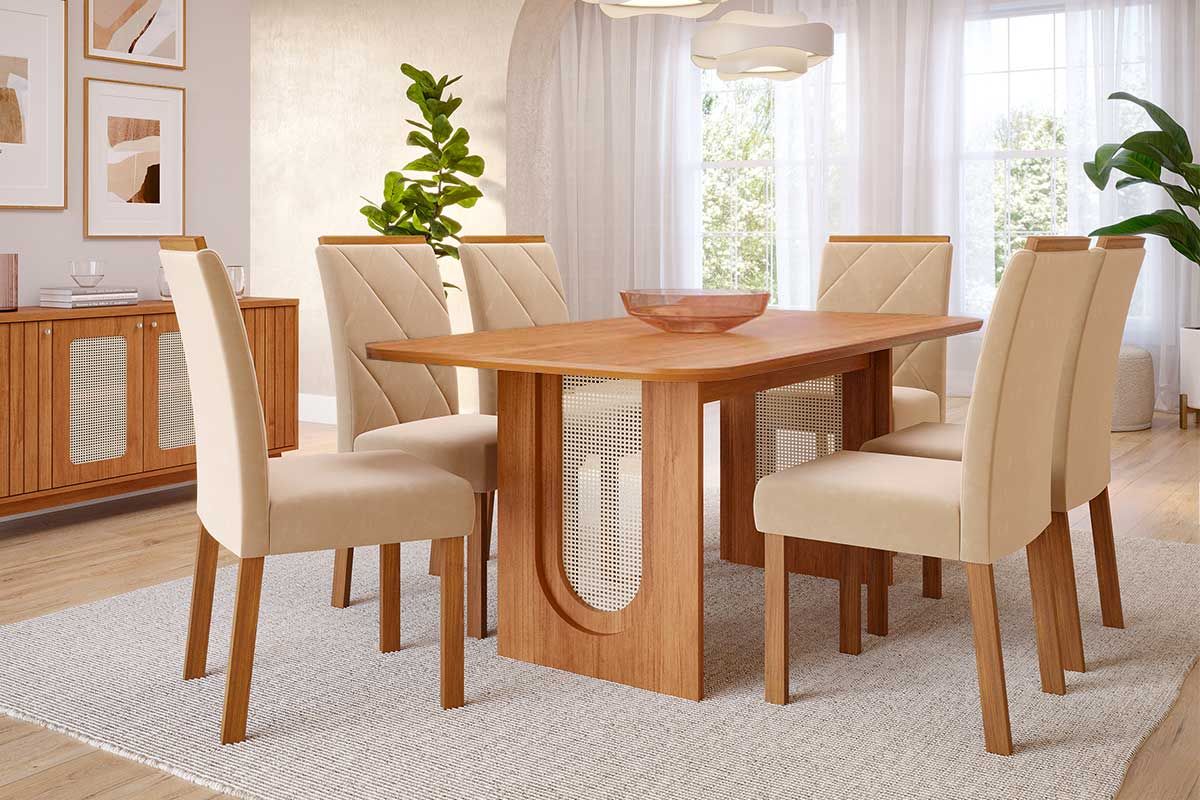 Sala Jantar Mesa Valentina Tampo Madeirado 180x90cm e 6 Cadeiras Fernanda - Cimol