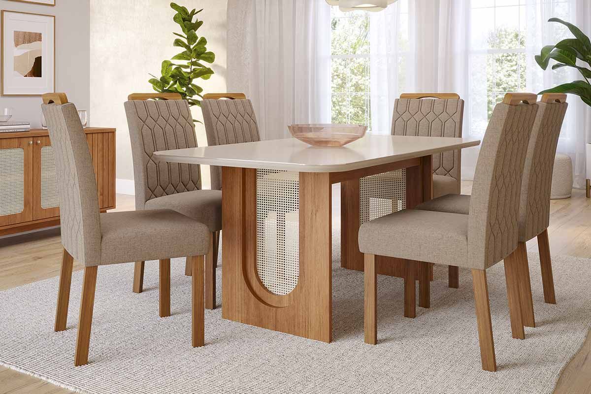 Sala Jantar Mesa Valentina Tampo Madeirado c/ Vidro 180x90cm e 6 Cadeiras Paola - Cimol