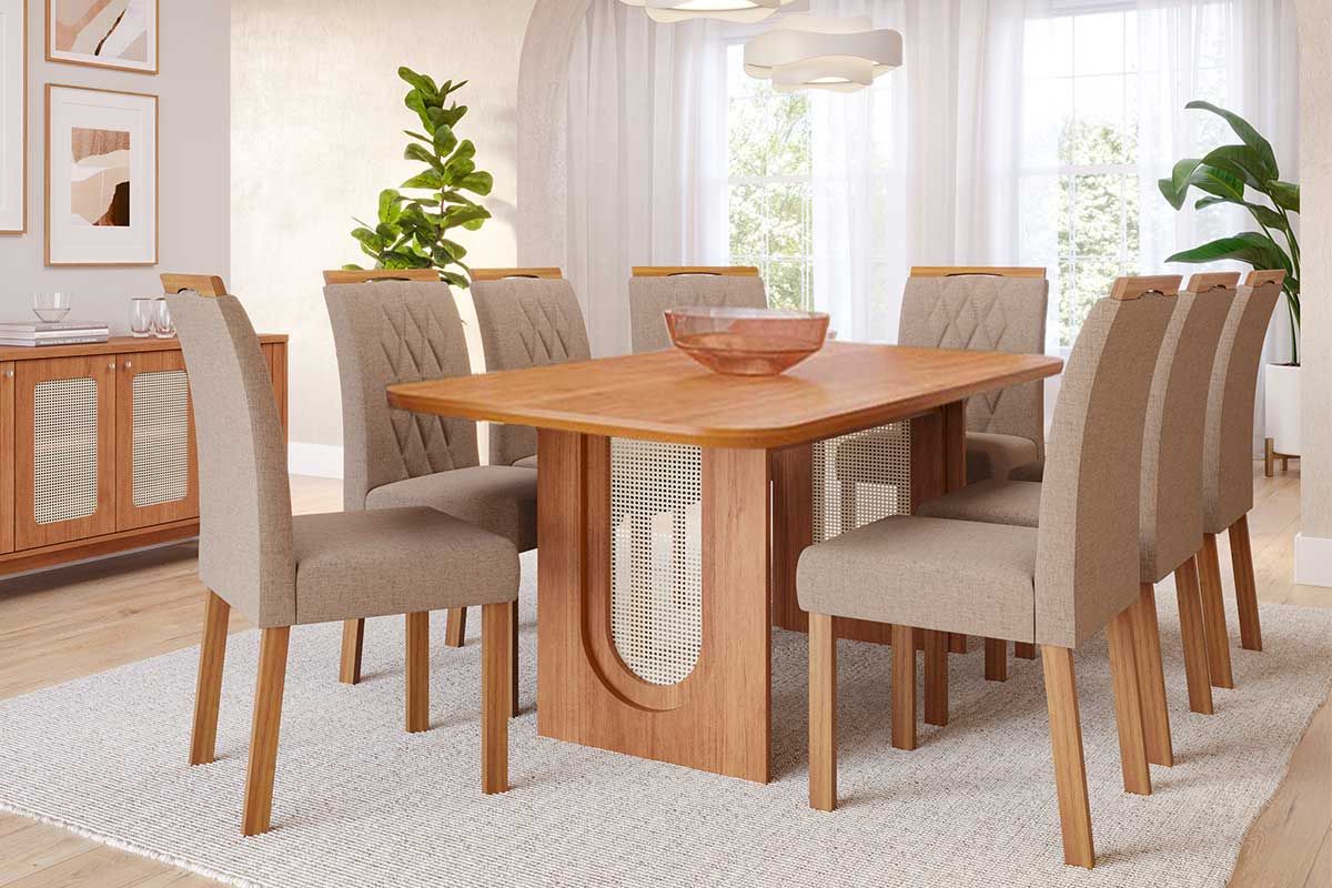 Sala Jantar Mesa Valentina Tampo Madeirado 210x100cm e 8 Cadeiras Juliana - Cimol