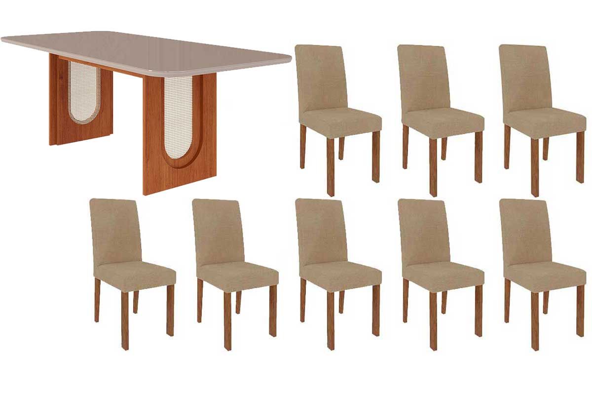 Sala Jantar Mesa Valentina Tampo Madeirado c/ Vidro 210x100cm e 8 Cadeiras Maia - Cimol