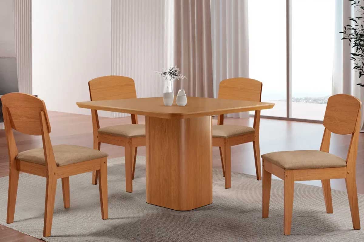 Sala Jantar Mesa Maldivas c/ Tampo Madeirado Canto Curvo 90x90cm e 4 Cadeiras Havana - Rufato