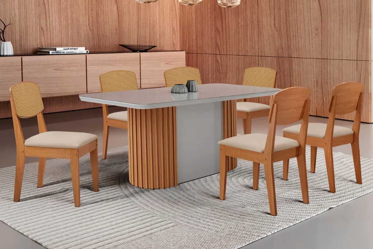 Sala Jantar Mesa Pilar Curvo 180cm + 6 Cadeiras Havana - Rufato