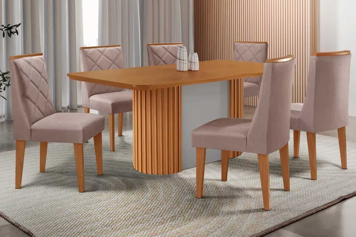 Sala Jantar Mesa Pilar c/ Tampo Madeirado Canto Curvo 180x90cm e 6 Cadeiras Pietá - Rufato