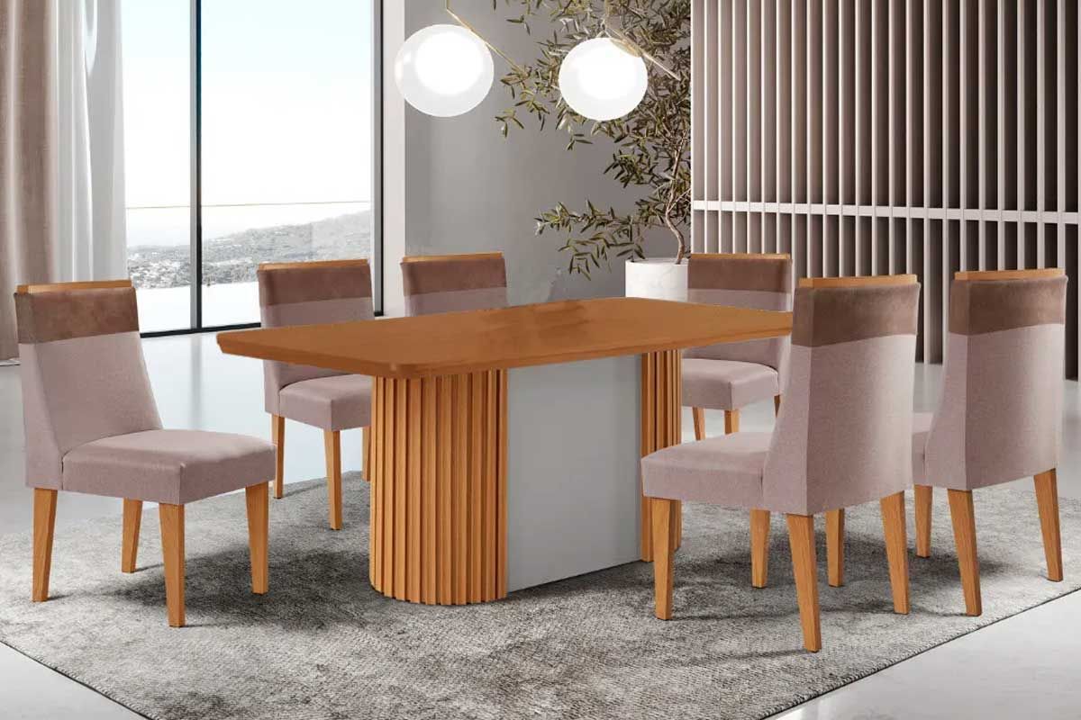 Sala Jantar Mesa Pilar c/ Tampo Madeirado Canto Curvo 180x90cm e 6 Cadeiras Jaspe - Rufato