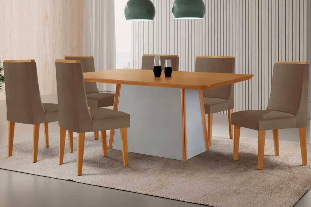Sala Jantar Mesa Tilia c/ Tampo Madeirado Canto Curvo 180x90cm e 6 Cadeiras Dakota - Rufato