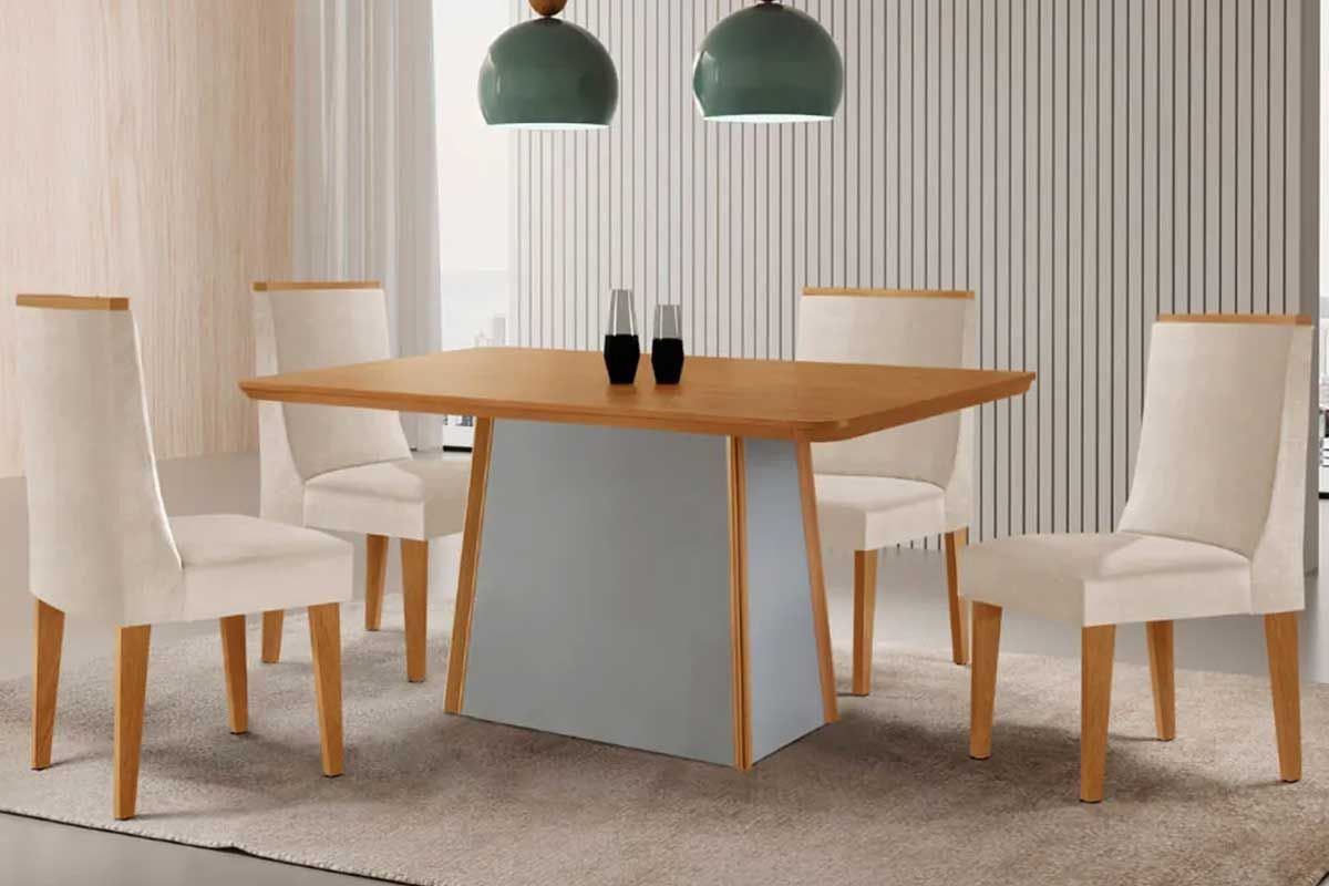 Sala Jantar Mesa Tilia c/ Tampo Madeirado Canto Curvo 120x80cm e 4 Cadeiras Dakota - Rufato