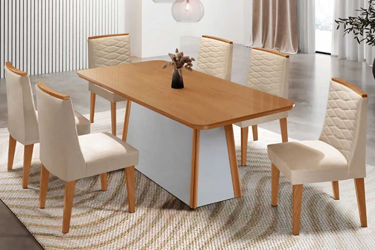 Sala Jantar Mesa Tilia c/ Tampo Madeirado Canto Curvo 180x90cm e 6 Cadeiras Maldivas - Rufato