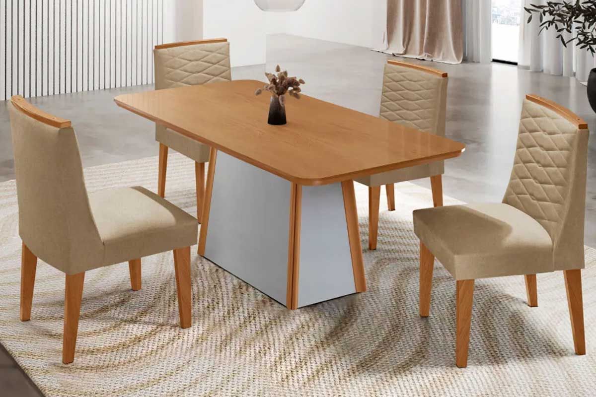 Sala Jantar Mesa Tilia c/ Tampo Madeirado Canto Curvo 120x80cm e 4 Cadeiras Maldivas - Rufato