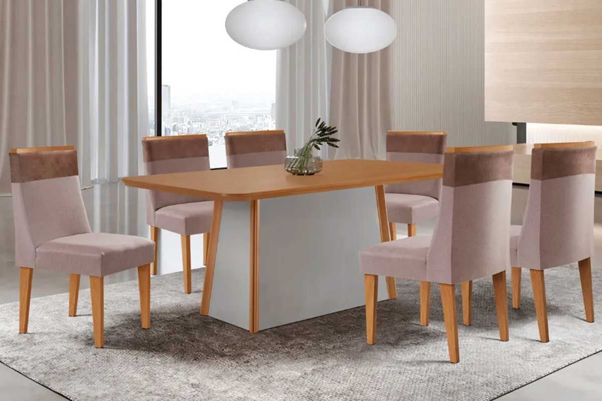 Sala Jantar Mesa Tilia c/ Tampo Madeirado Canto Curvo 180x90cm e 6 Cadeiras Jaspe - Rufato