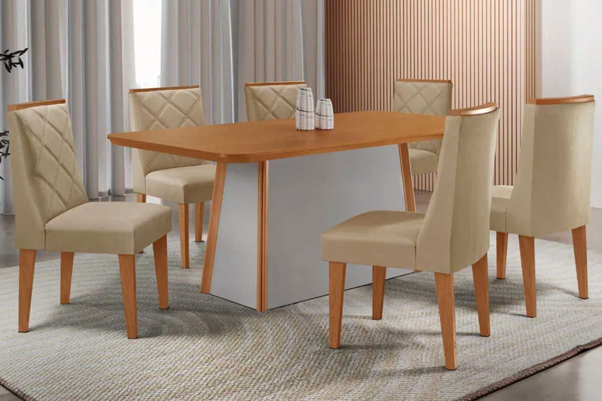 Sala Jantar Mesa Tilia c/ Tampo Madeirado Canto Curvo 180x90cm e 6 Cadeiras Pietá - Rufato