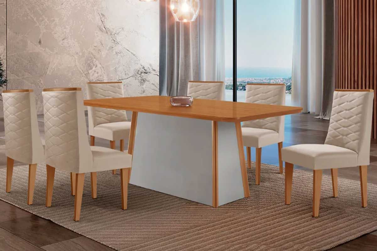 Sala Jantar Mesa Tilia c/ Tampo Madeirado Canto Curvo 180x90cm e 6 Cadeiras Dafne - Rufato