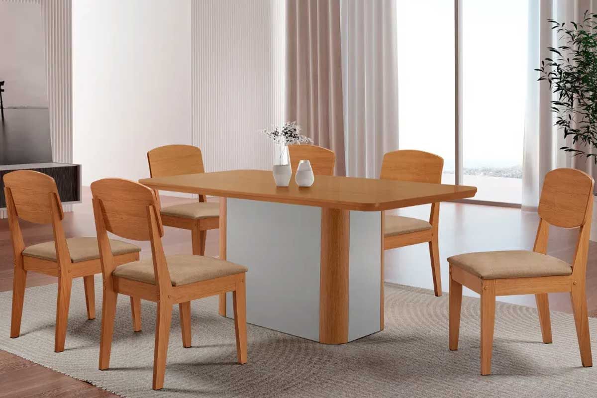 Sala Jantar Mesa Pietá c/ Tampo Madeirado Canto Curvo 180x90cm e 6 Cadeiras Havana - Rufato