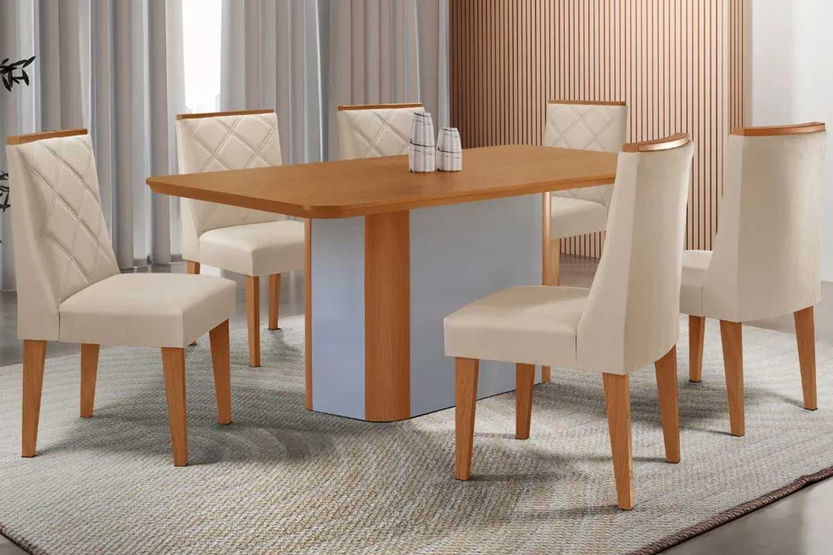 Sala Jantar Mesa Pietá c/ Tampo Madeirado Canto Curvo 180x90cm e 6 Cadeiras Pietá - Rufato