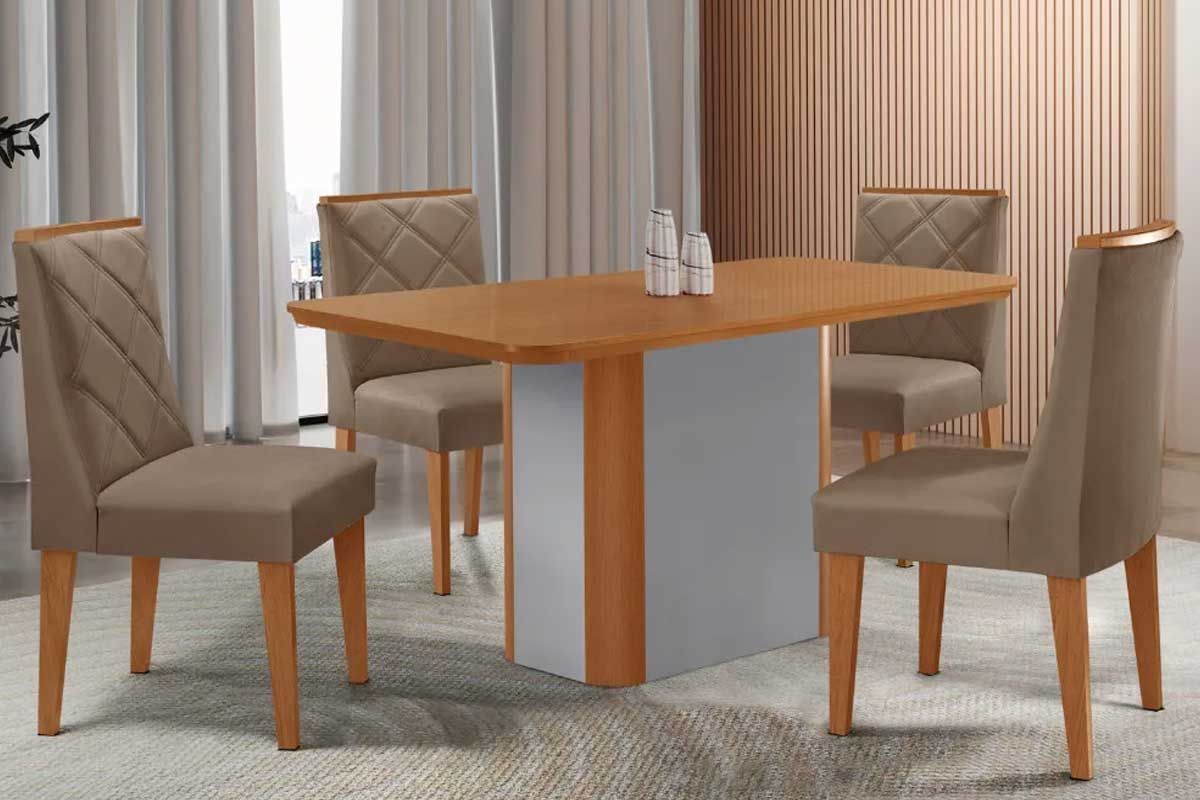 Sala Jantar Mesa Pietá c/ Tampo Madeirado Canto Curvo 120x80cm e 4 Cadeiras Pietá - Rufato
