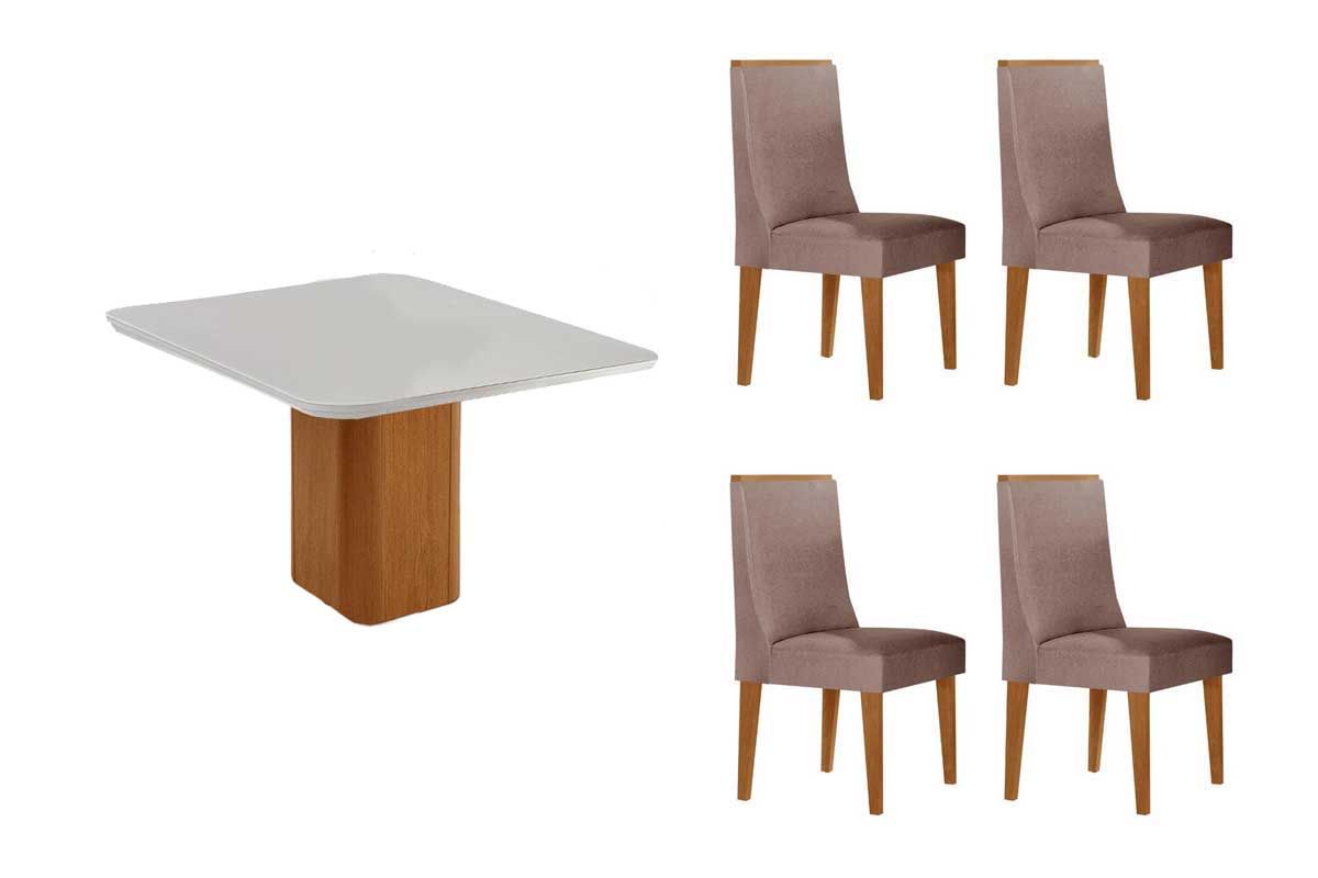 Sala Jantar Mesa Maldivas c/ Tampo Madeirado c/ Vidro Canto Curvo 90x90cm e 4 Cadeiras Dakota - Rufato