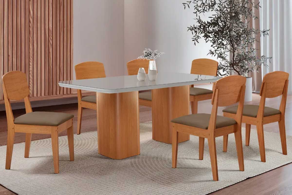 Sala Jantar Mesa Maldivas c/ Tampo Madeirado c/ Vidro Canto Curvo 180x90cm e 6 Cadeiras Havana - Rufato