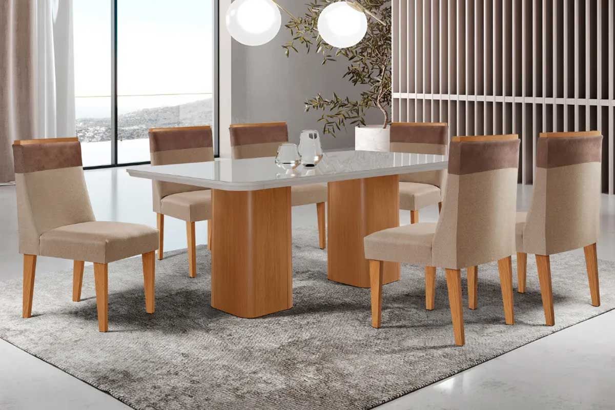 Sala Jantar Mesa Maldivas c/ Tampo Madeirado c/ Vidro Canto Curvo 180x90cm e 6 Cadeiras Jaspe - Rufato