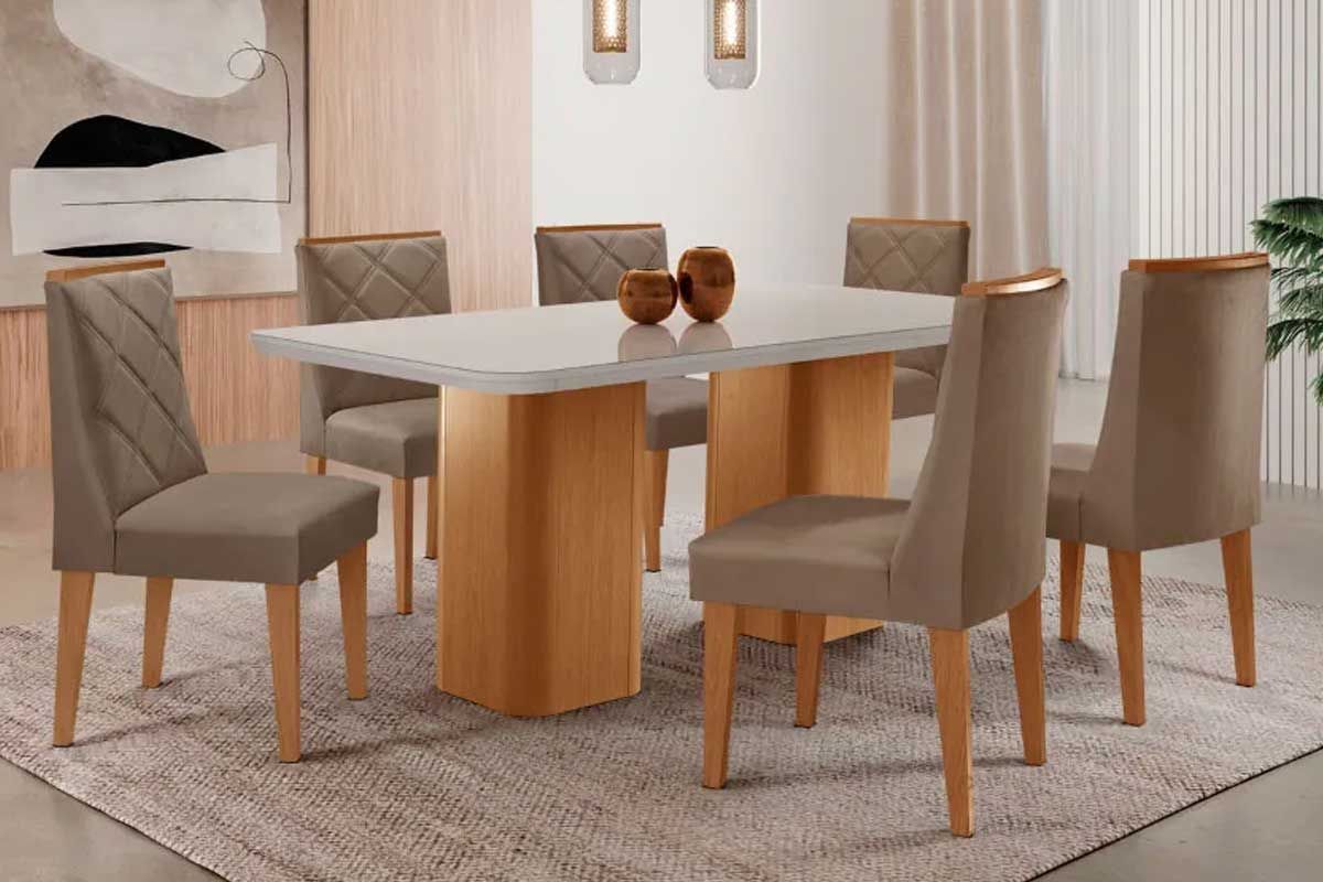Sala Jantar Mesa Maldivas c/ Tampo Madeirado c/ Vidro Canto Curvo 180x90cm e 6 Cadeiras Pietá - Rufato