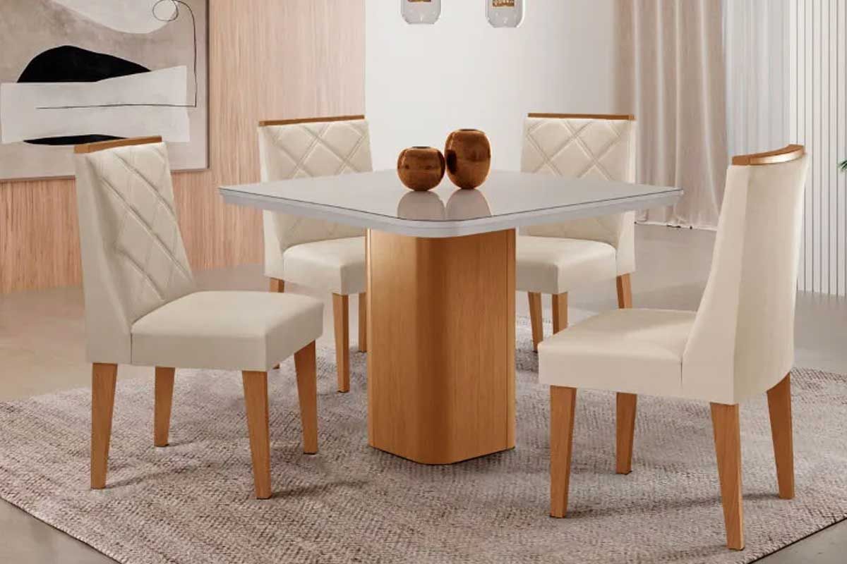 Sala Jantar Mesa Maldivas c/ Tampo Madeirado c/ Vidro Canto Curvo 90x90cm e 4 Cadeiras Pietá - Rufato