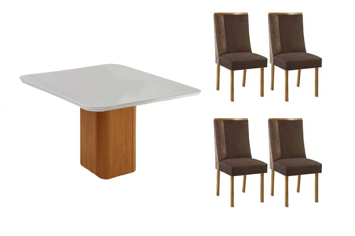 Sala Jantar Mesa Maldivas c/ Tampo Madeirado c/ Vidro Canto Curvo 90x90cm e 4 Cadeiras Tilia - Rufato