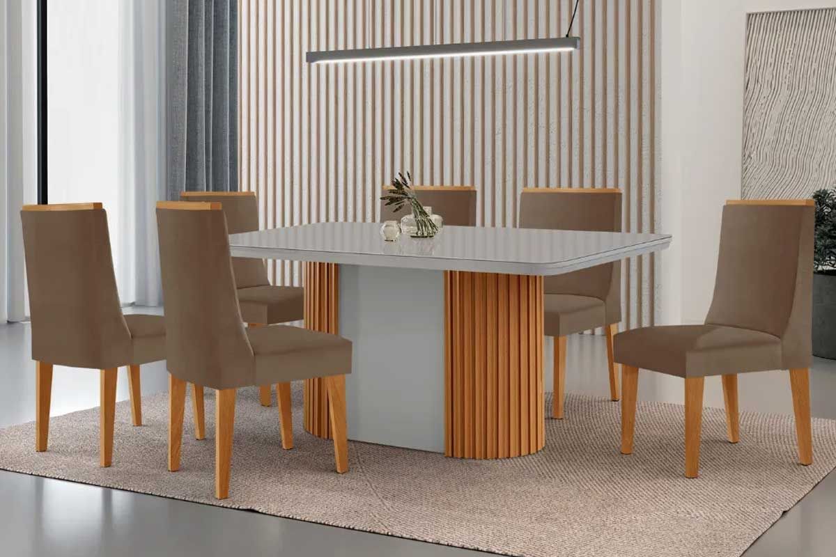 Sala Jantar Mesa Pilar Curvo 180cm + 6 Cadeiras Dakota Madeira - Rufato