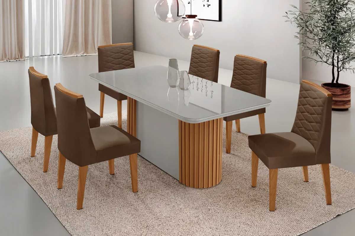 Sala Jantar Mesa Pilar Curvo 180cm + 6 Cadeiras Maldivas Madeira - Rufato