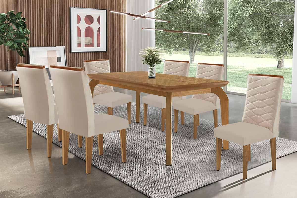 Sala Jantar Mesa Londrina c/ Tampo Madeirado Canto Curvo 180x90cm e 6 Cadeiras Maldivas - Rufato