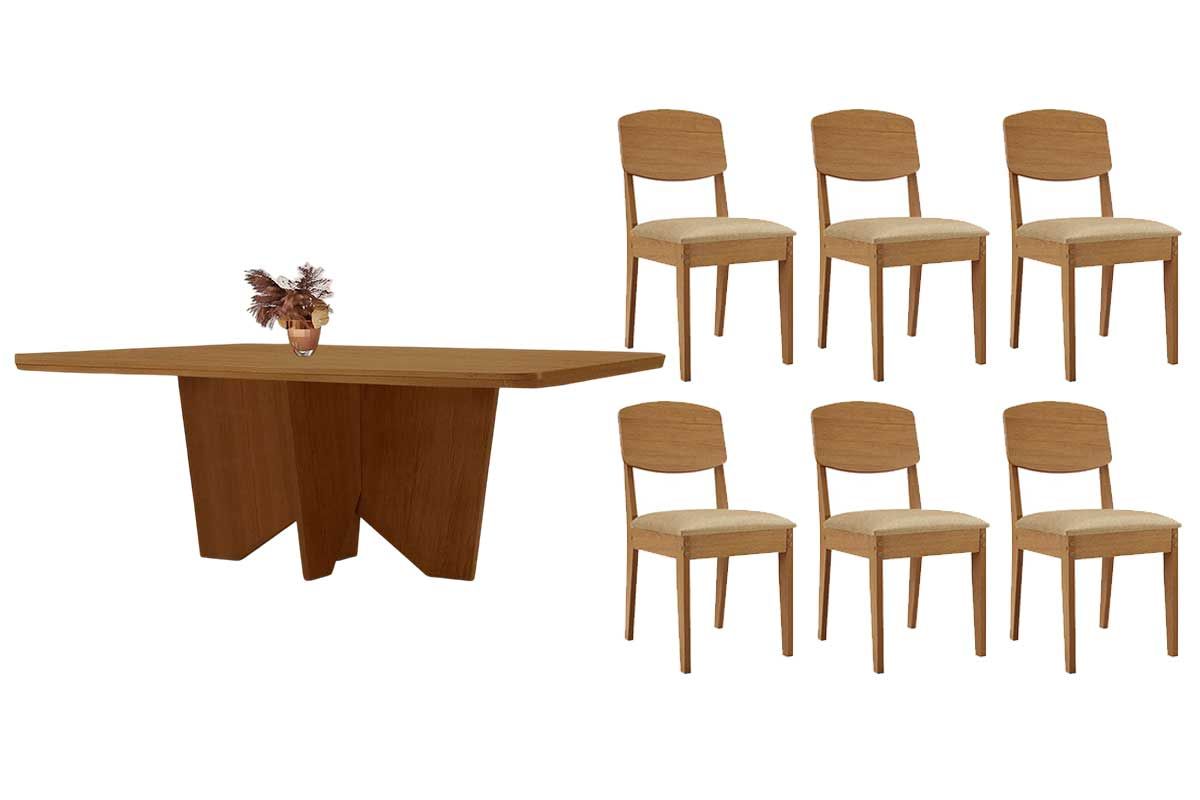Sala Jantar Mesa Nevada c/ Tampo Madeirado Canto Curvo 180x90cm e 6 Cadeiras Havana - Rufato