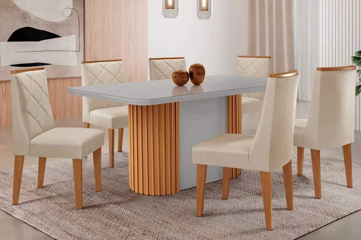 Sala Jantar Mesa Pilar c/ Tampo Madeirado c/ Vidro Canto Curvo 180x90cm e 6 Cadeiras Pietá - Rufato