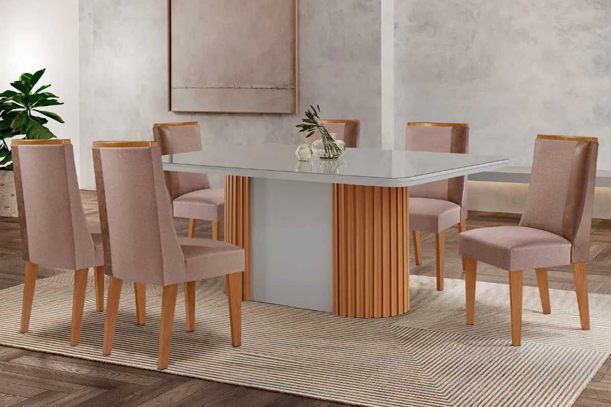 Sala Jantar Mesa Pilar c/ Tampo Madeirado c/ Vidro Canto Curvo 180x90cm e 6 Cadeiras Tilia - Rufato
