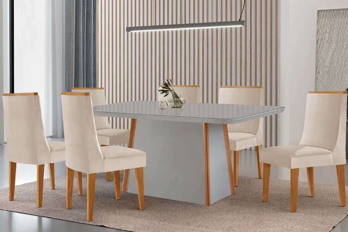 Sala Jantar Mesa Tilia Curvo 120cm + 4 Cadeiras Dakota Madeira - Rufato