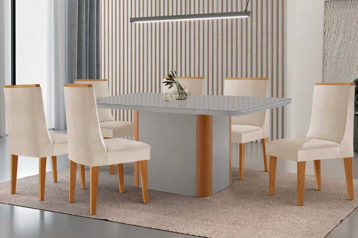 Sala Jantar Mesa Pietá Curvo 180cm + 6 Cadeiras Dakota Madeira - Rufato