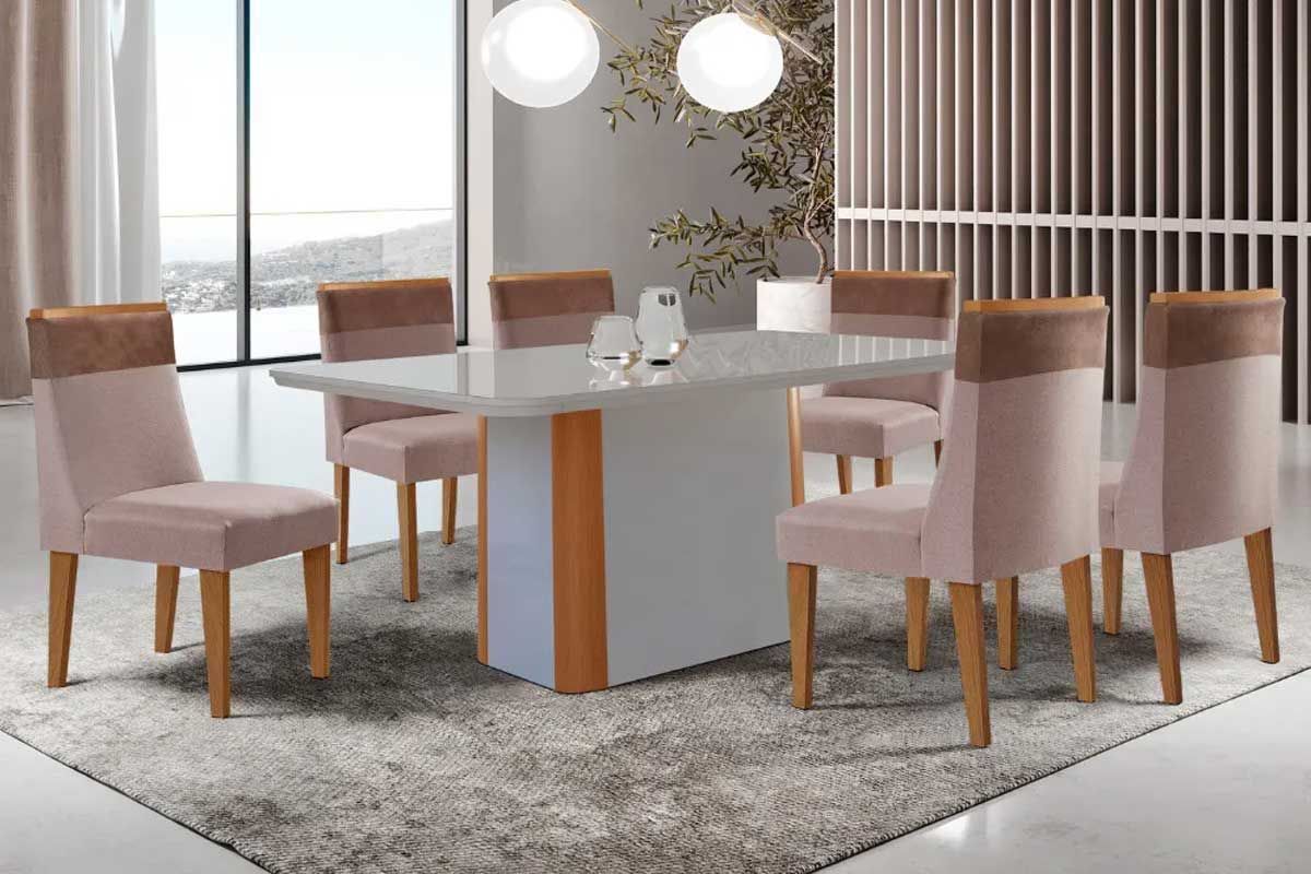 Sala Jantar Mesa Pietá Curvo 180cm + 6 Cadeiras Jaspe Madeira - Rufato