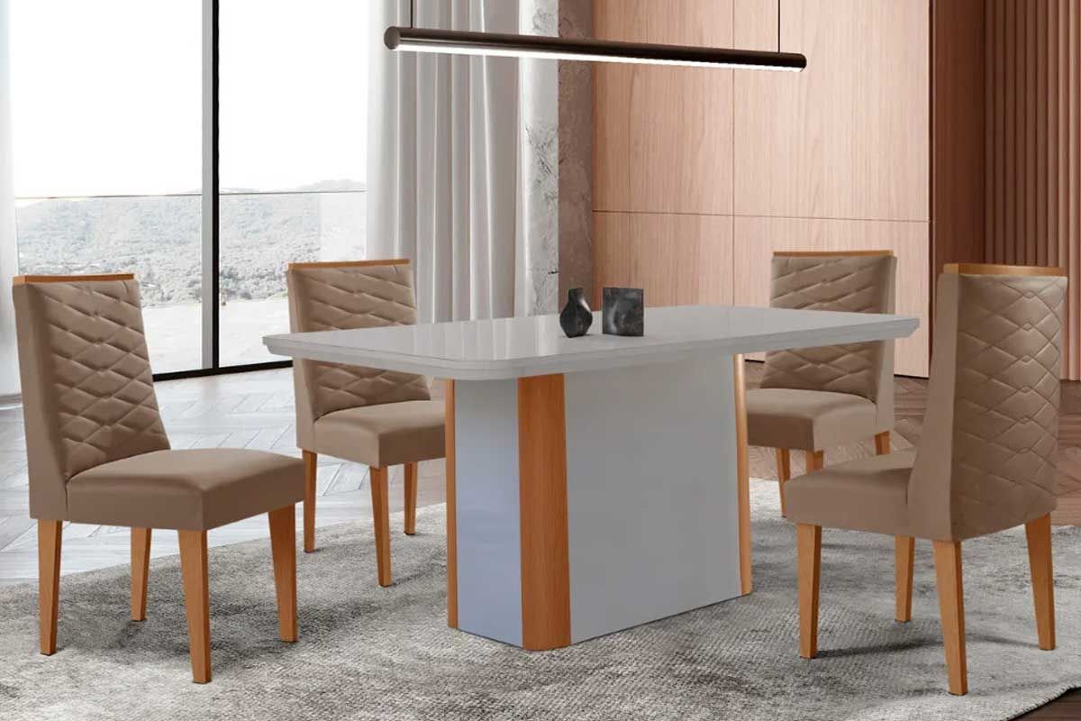 Sala Jantar Mesa Pietá Curvo 120cm + 4 Cadeiras Dafne Madeira - Rufato