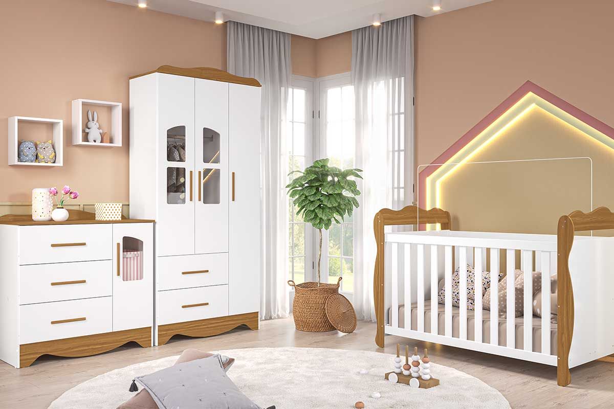 Quarto Infantil Completo Lisi 3 Peças (1GuardaRoupa+1Berço+1Cômoda) QI115 Peroba
