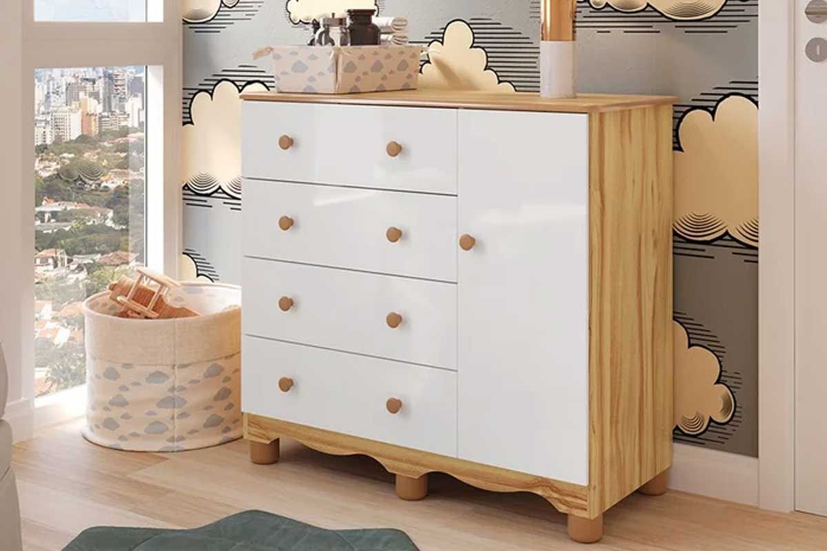 Cômoda Infantil Junior c/1 Porta e 4 Gavetas Branco/Amêndoa - Peroba