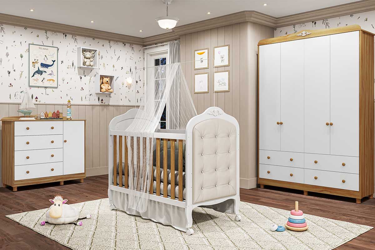 Quarto Infantil Completo Elô 4 Peças (1GuardaRoupa+1Berço+1Cômoda+1Complemento) QI116 Peroba