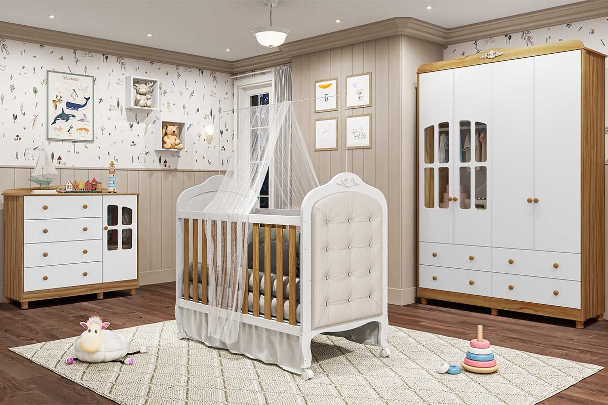 Quarto Infantil Completo Elô 4 Peças (1GuardaRoupa+1Berço+1Cômoda+1Complemento) QI117 Peroba