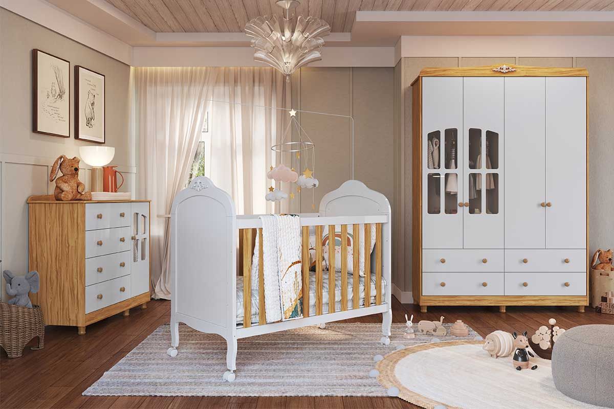 Quarto Infantil Completo Elô 3 Peças (1GuardaRoupa+1Berço+1Cômoda) QI119 Peroba