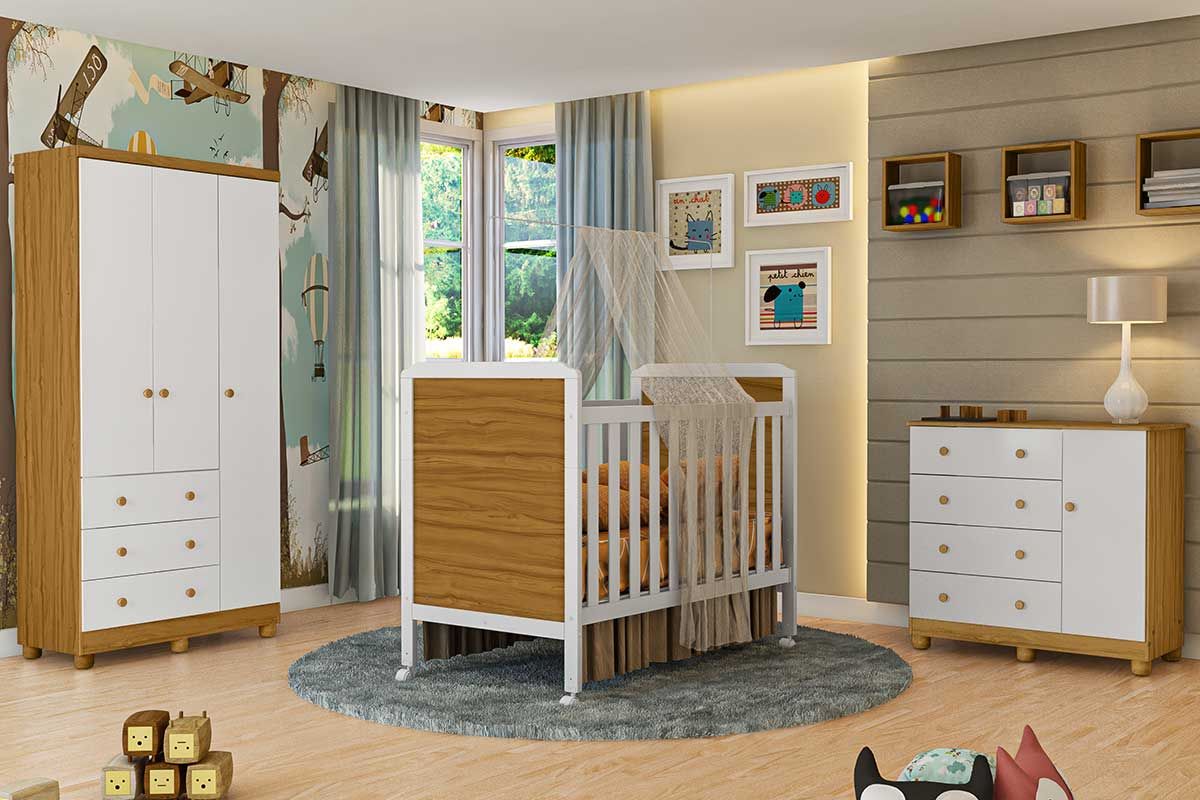 Quarto Infantil Completo 3 Peças (1GuardaRoupa+1Berço+1Cômoda) QI123 Peroba