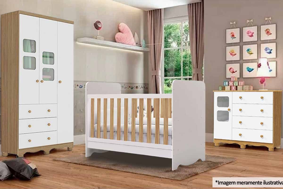 Quarto Infantil Completo 3 Peças (1GuardaRoupa+1Berço+1Cômoda) QI126 Peroba