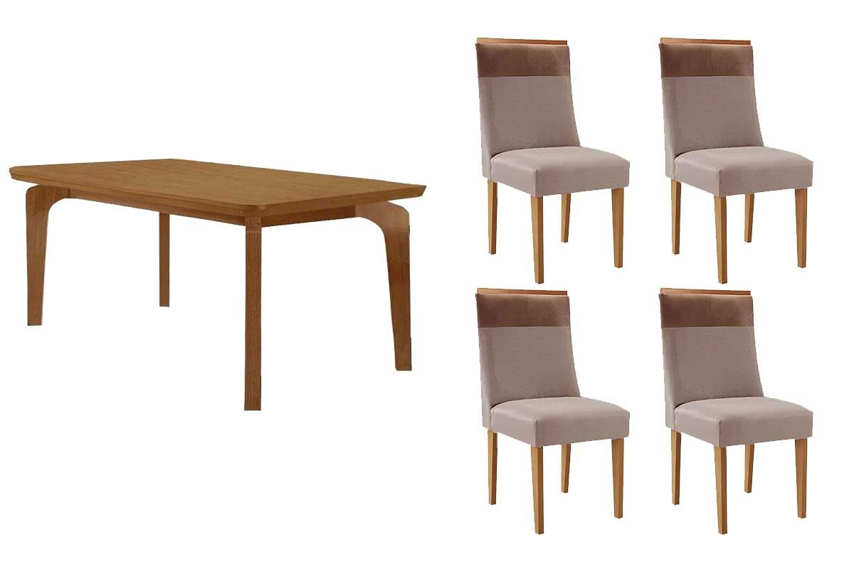 Sala Jantar Mesa Londrina c/ Tampo Madeirado Canto Curvo 120x80cm e 4 Cadeiras Jaspe - Rufato