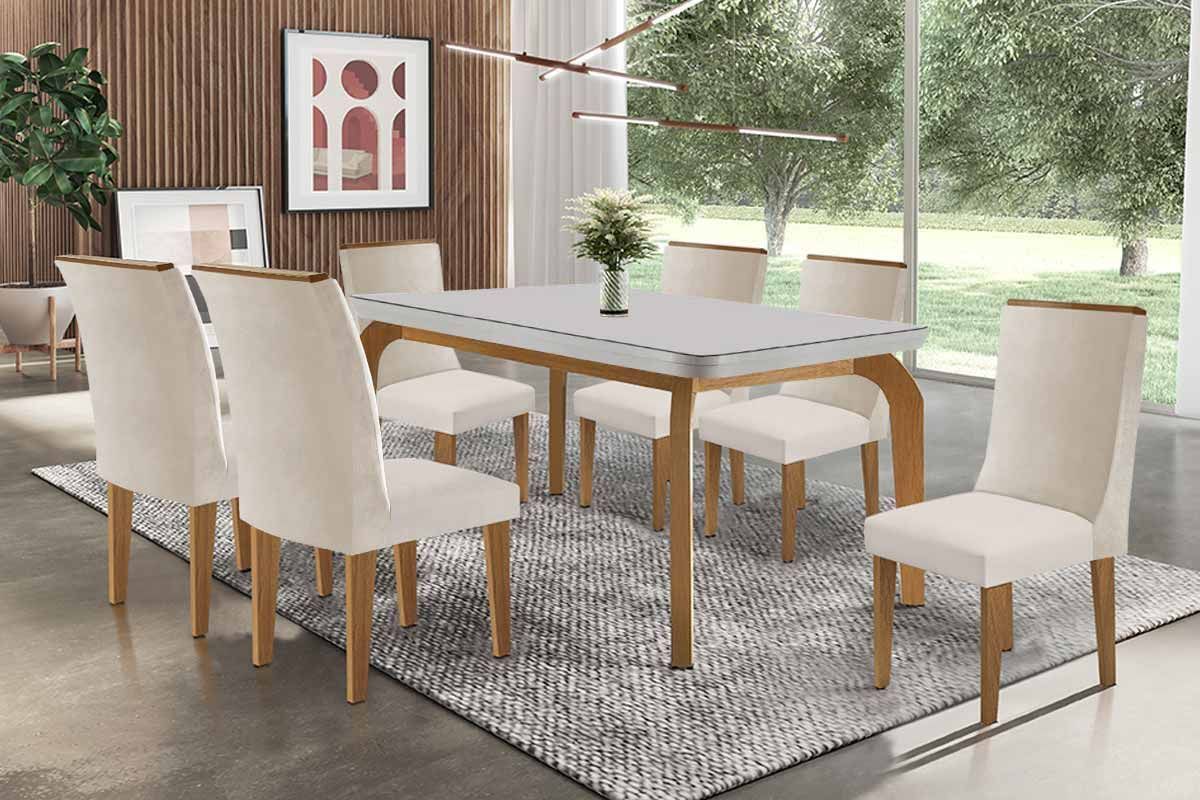 Sala Jantar Mesa Londrina c/ Tampo Madeirado c/ Vidro Canto Curvo 180x90cm e 6 Cadeiras Dakota - Rufato