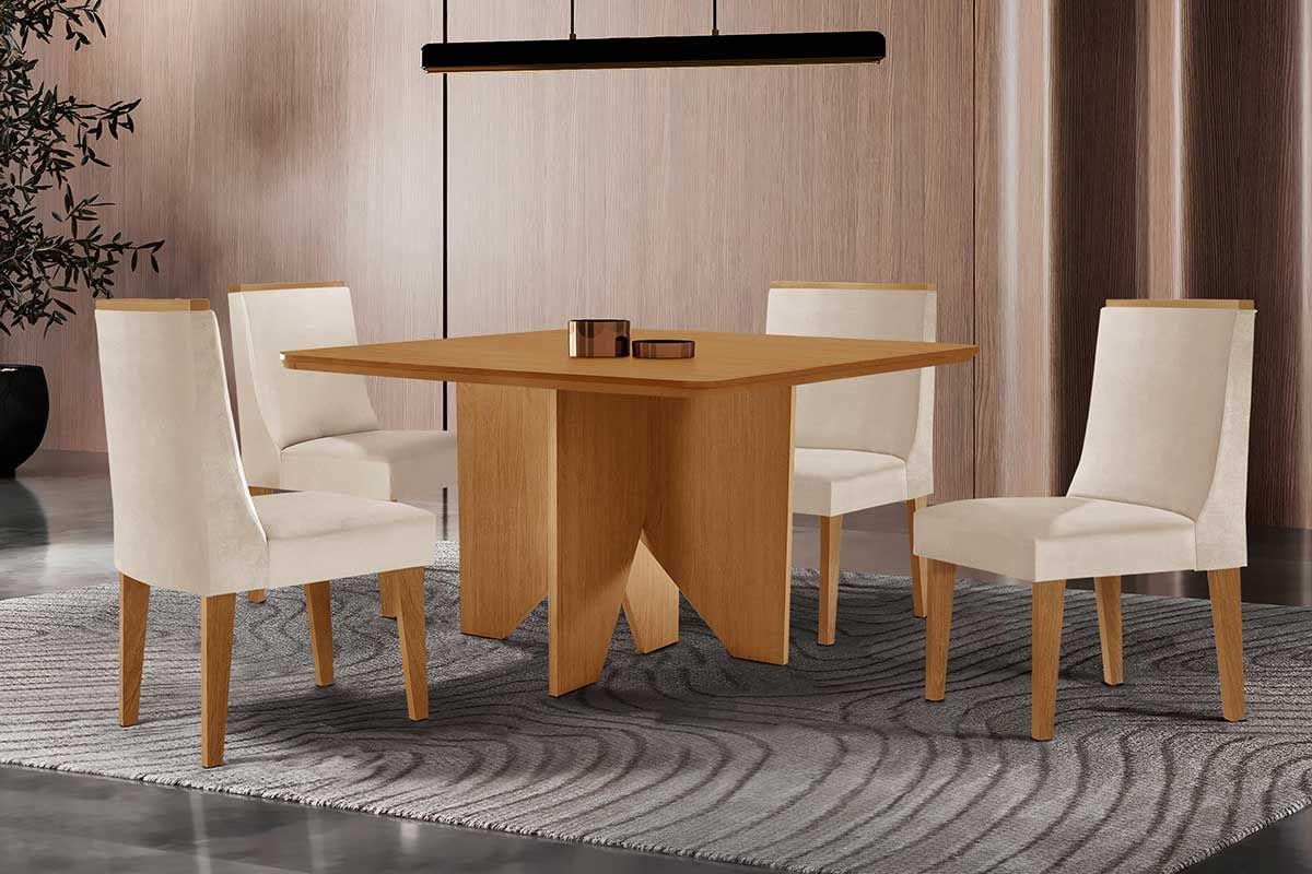 Sala Jantar Mesa Nevada c/ Tampo Madeirado Canto Curvo 90x90cm e 4 Cadeiras Dakota - Rufato