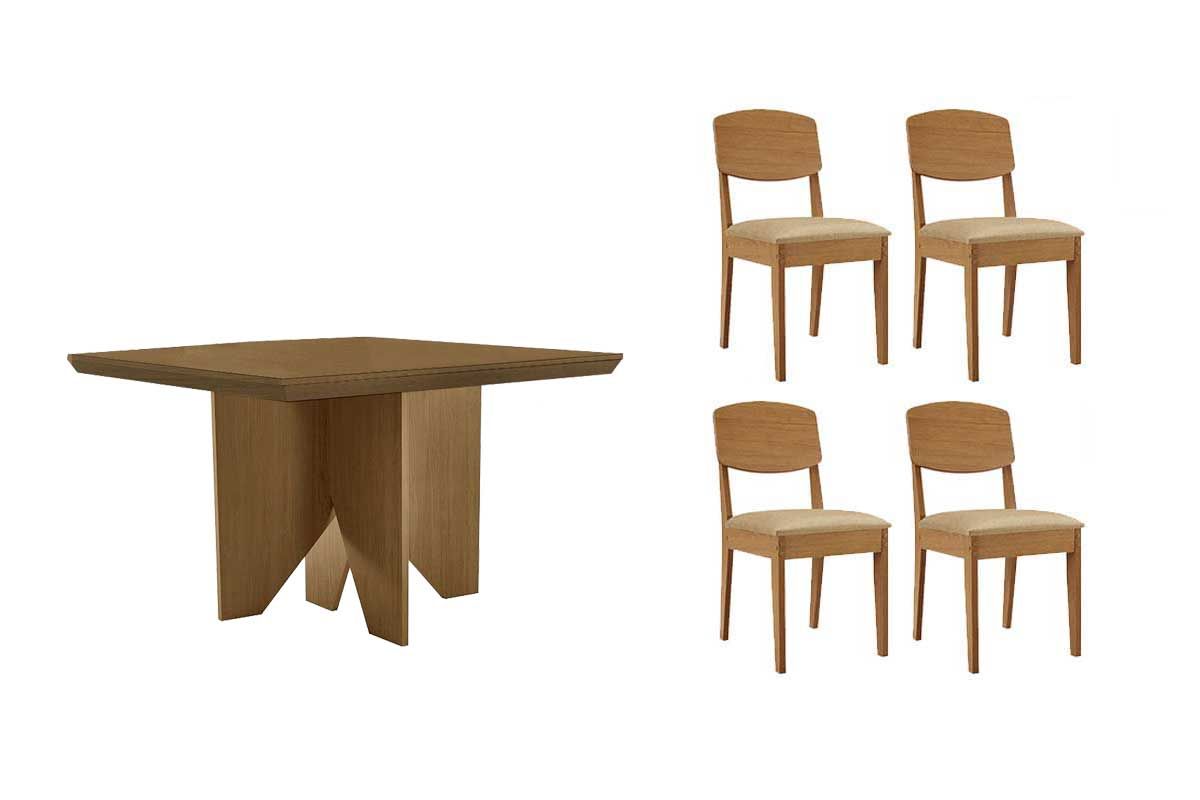 Sala Jantar Mesa Nevada c/ Tampo Madeirado Canto Curvo 90x90cm e 4 Cadeiras Havana - Rufato
