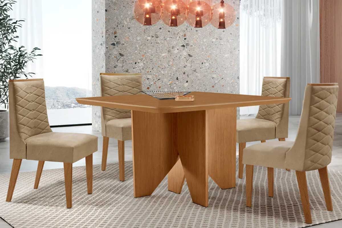 Sala Jantar Mesa Nevada c/ Tampo Madeirado Canto Curvo 90x90cm e 4 Cadeiras Dafne - Rufato