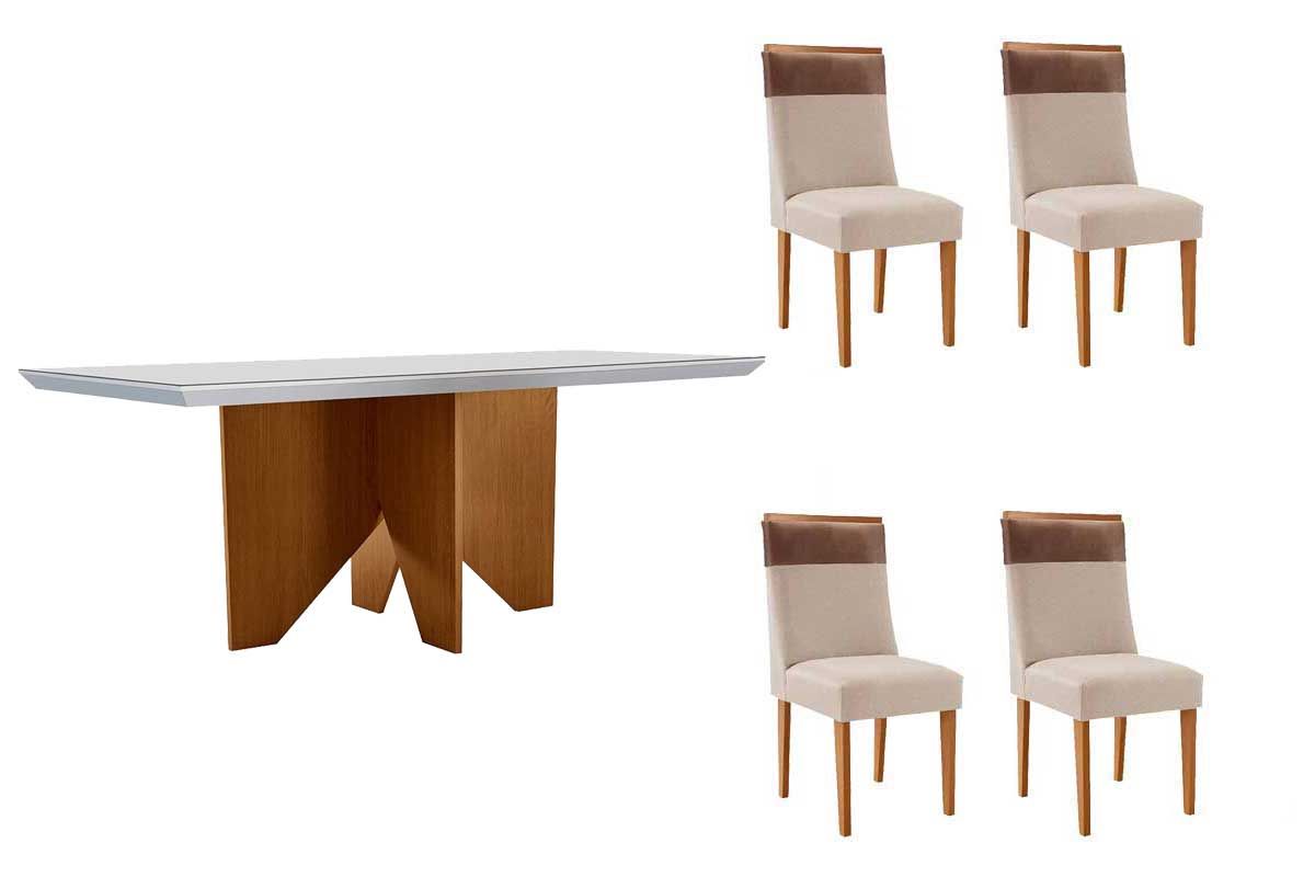 Sala Jantar Mesa Nevada c/ Tampo Madeirado c/ Vidro Canto Curvo 120x80cm e 4 Cadeiras Jaspe - Rufato