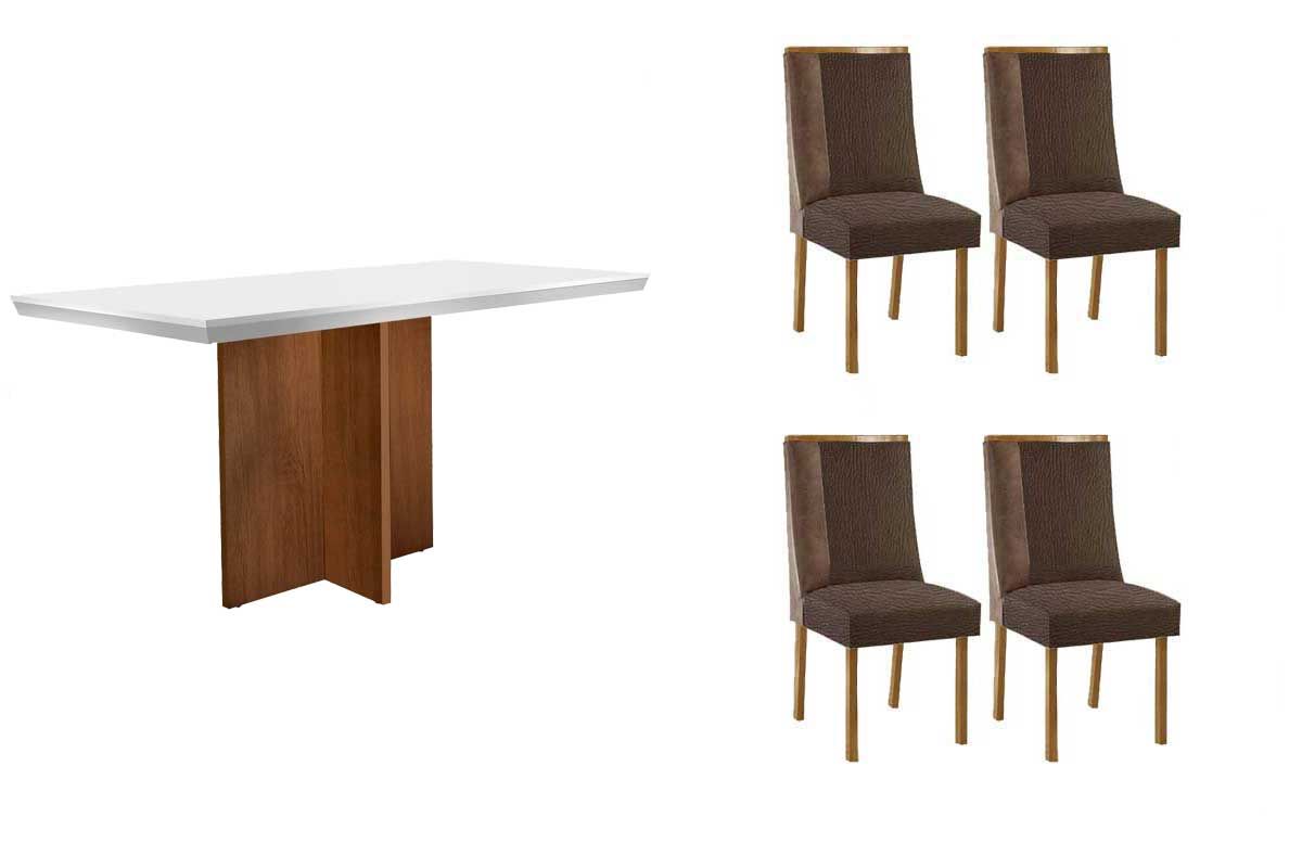 Sala de Jantar Completa Berlim c/ Tampo Madeirado c/ Vidro Canto Curvo 120x80cm e 4 Cadeiras Tilia - Rufato