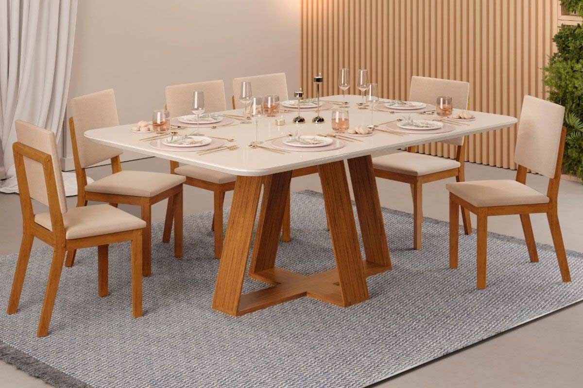 Sala de Jantar Completa Celeste c/ Tampo Madeirado c/ Vidro Curvo 160x90cm e 6 Cadeiras Talia - DJ Móveis
